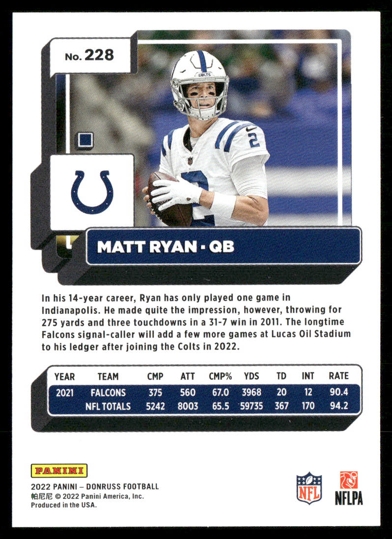 Matt Ryan 2022 Donruss #228 Indianapolis Colts