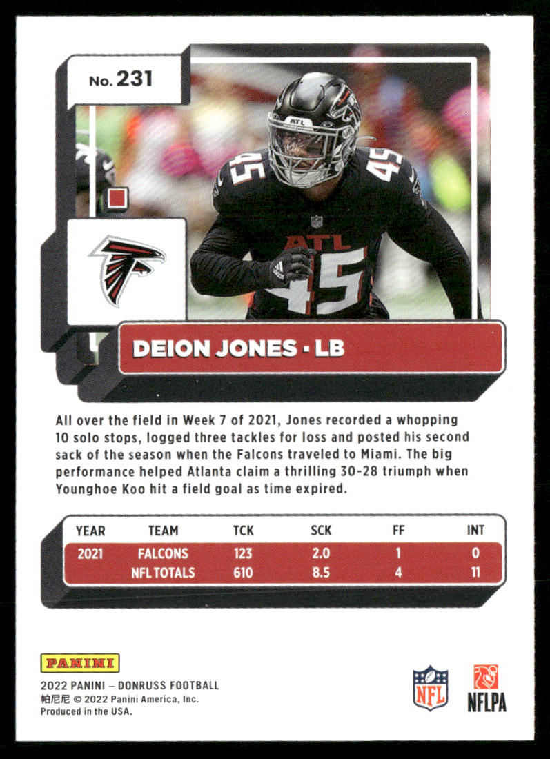 Deion Jones 2022 Donruss #231 Atlanta Falcons