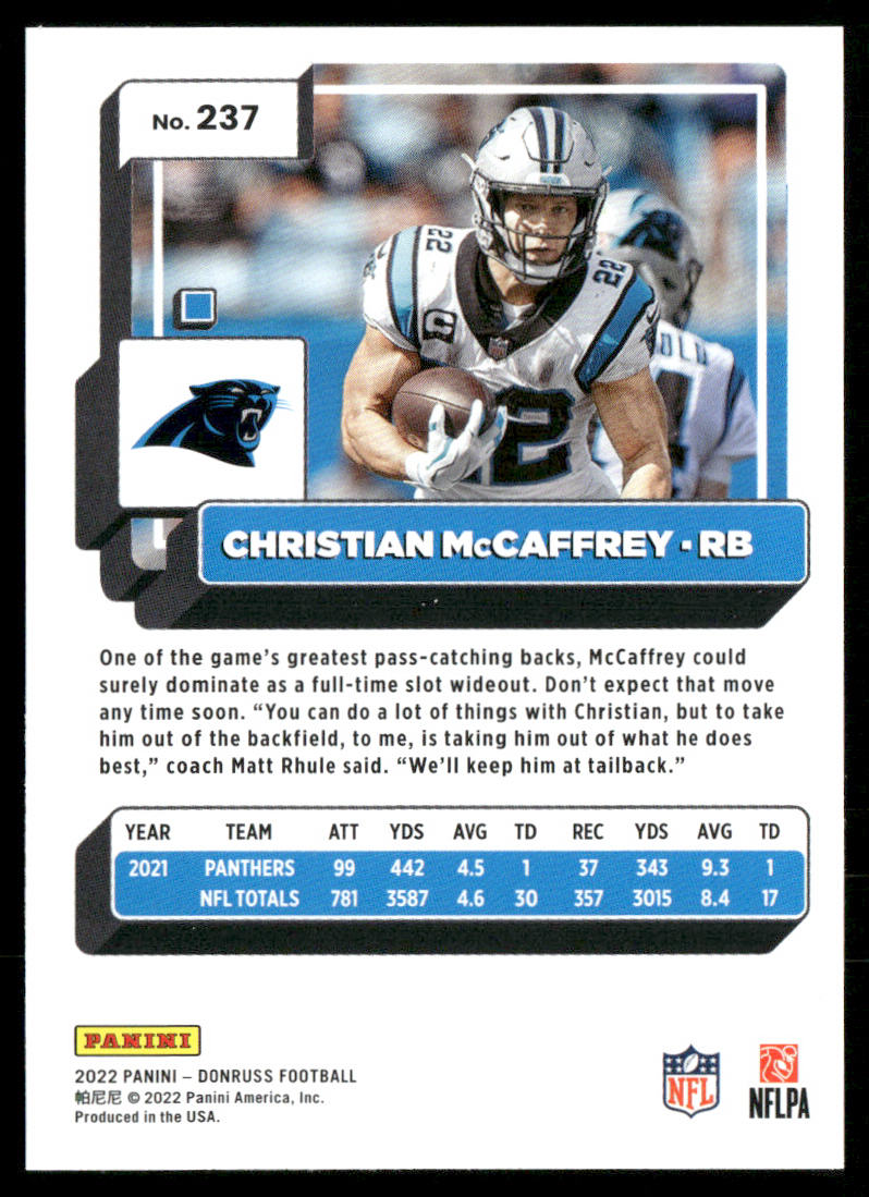 Christian McCaffrey 2022 Donruss #237 Carolina Panthers