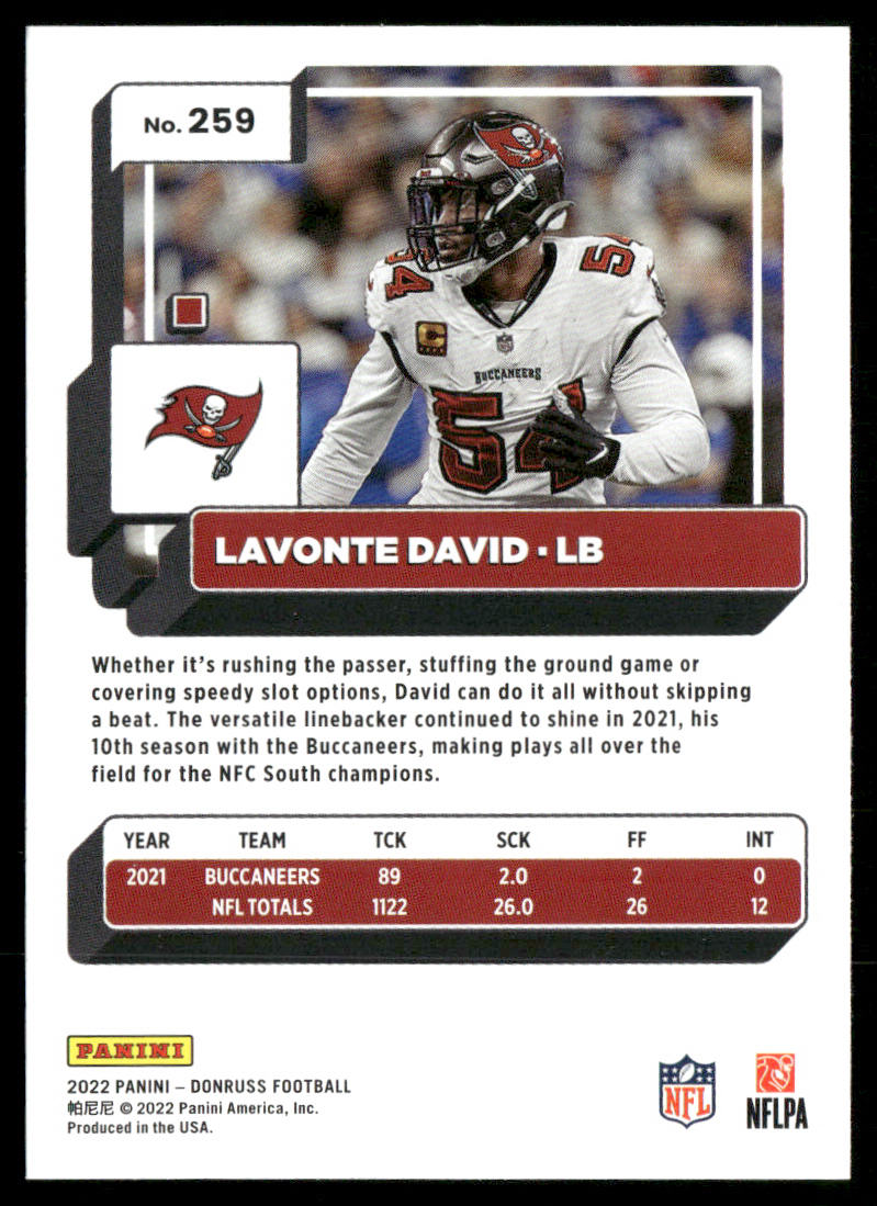 Lavonte David 2022 Donruss #259 Tampa Bay Buccaneers