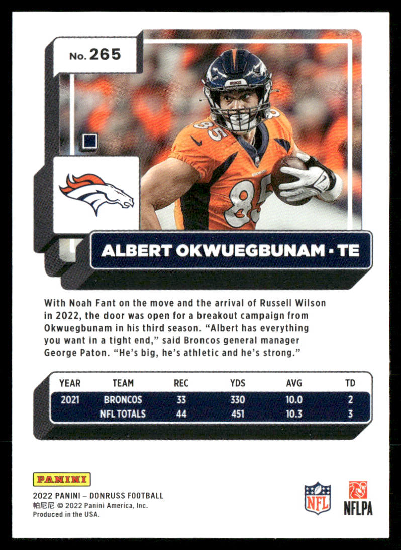 Albert Okwuegbunam 2022 Donruss #265 Denver Broncos
