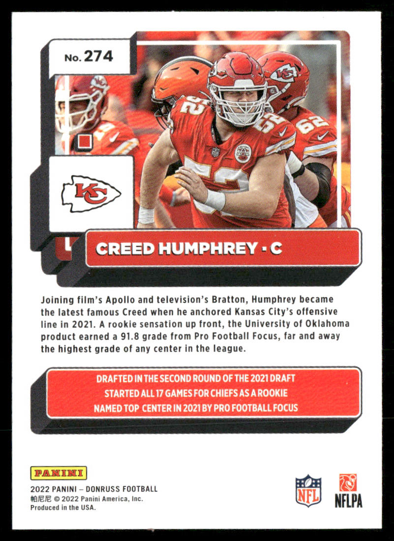 Creed Humphrey 2022 Donruss #274 Kansas City Chiefs