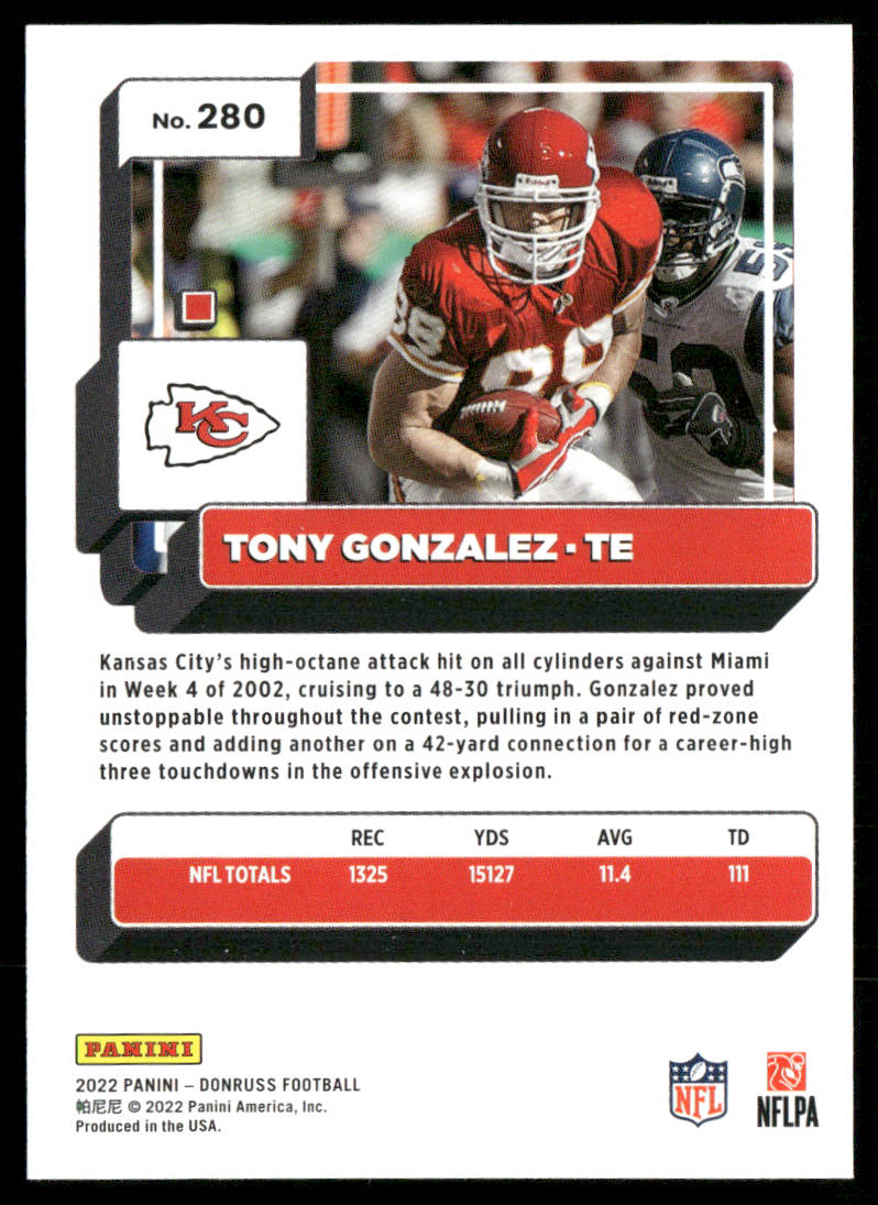 Tony Gonzalez 2022 Donruss #280 Kansas City Chiefs