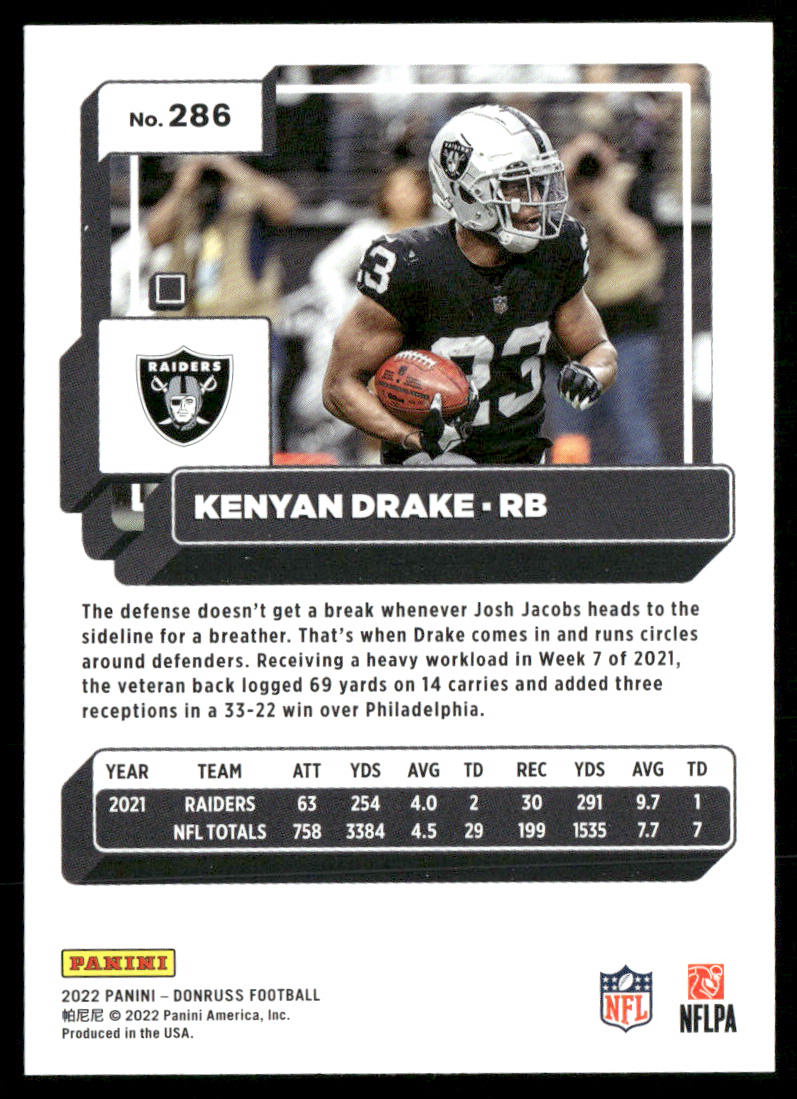 Kenyan Drake 2022 Donruss #286 Las Vegas Raiders
