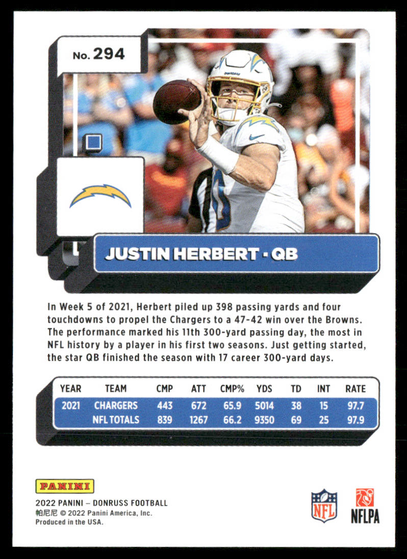 Justin Herbert 2022 Donruss #294 Los Angeles Chargers