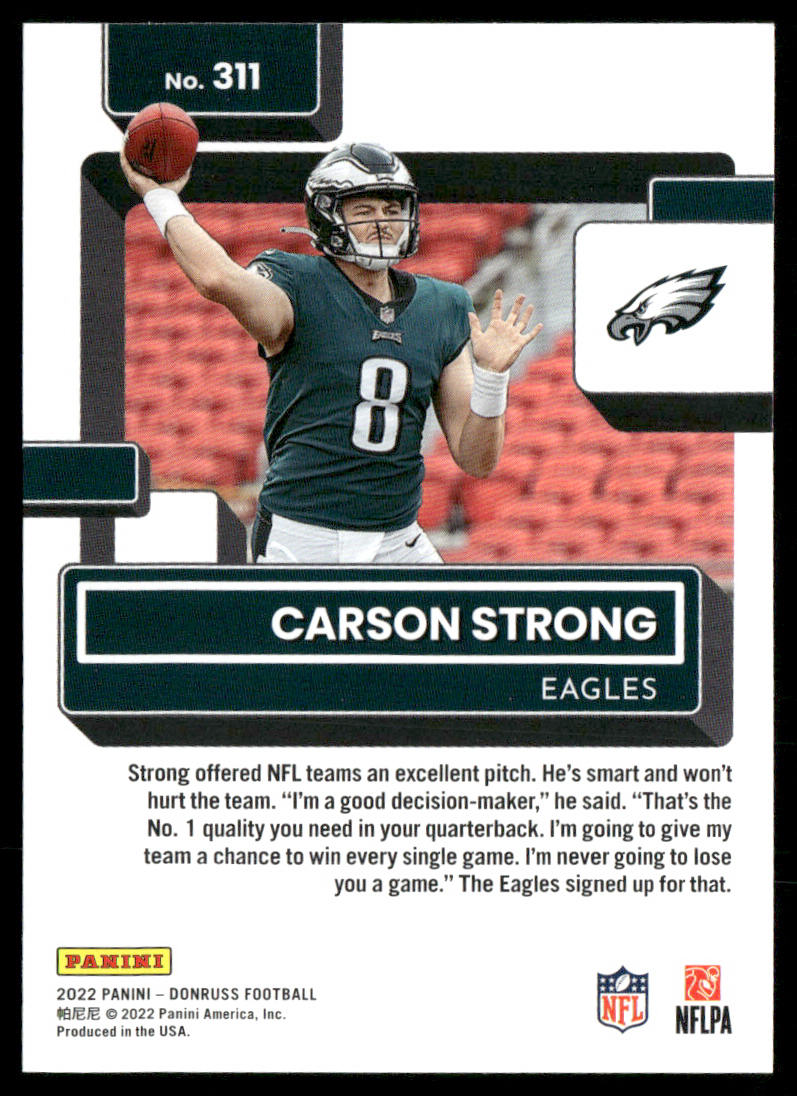 Carson Strong 2022 Donruss #311 RC Philadelphia Eagles
