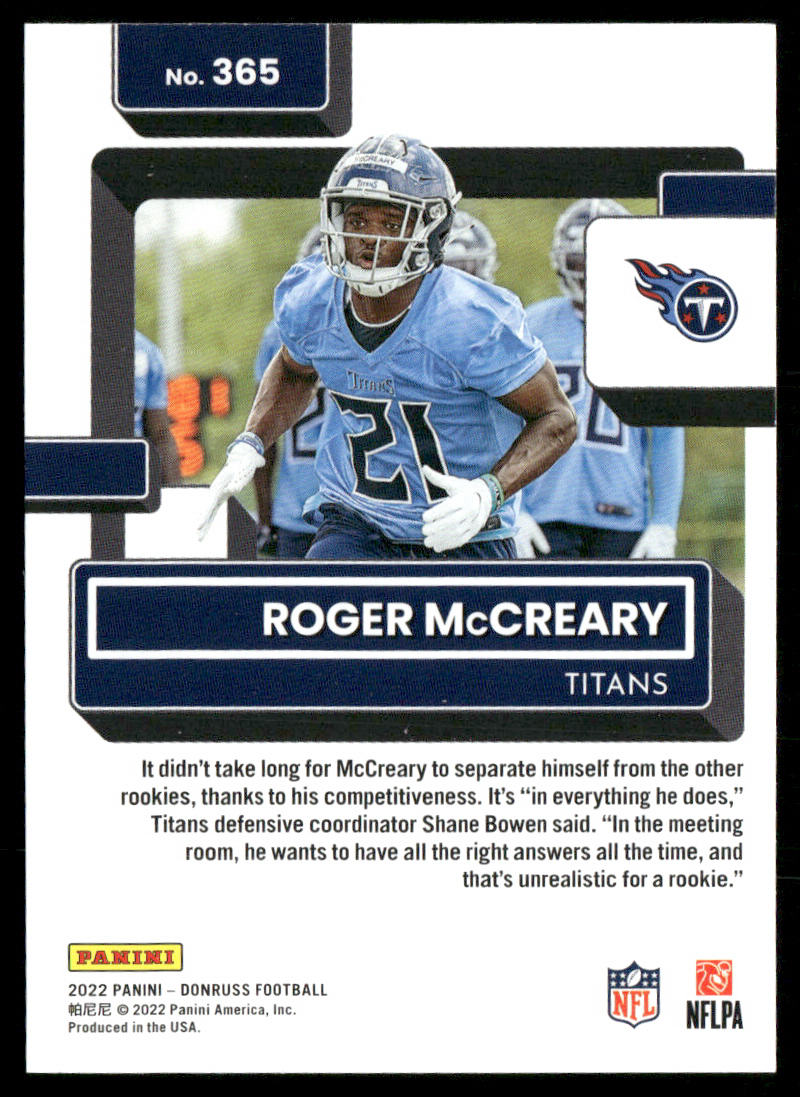 Roger McCreary 2022 Donruss #365 RC Tennessee Titans