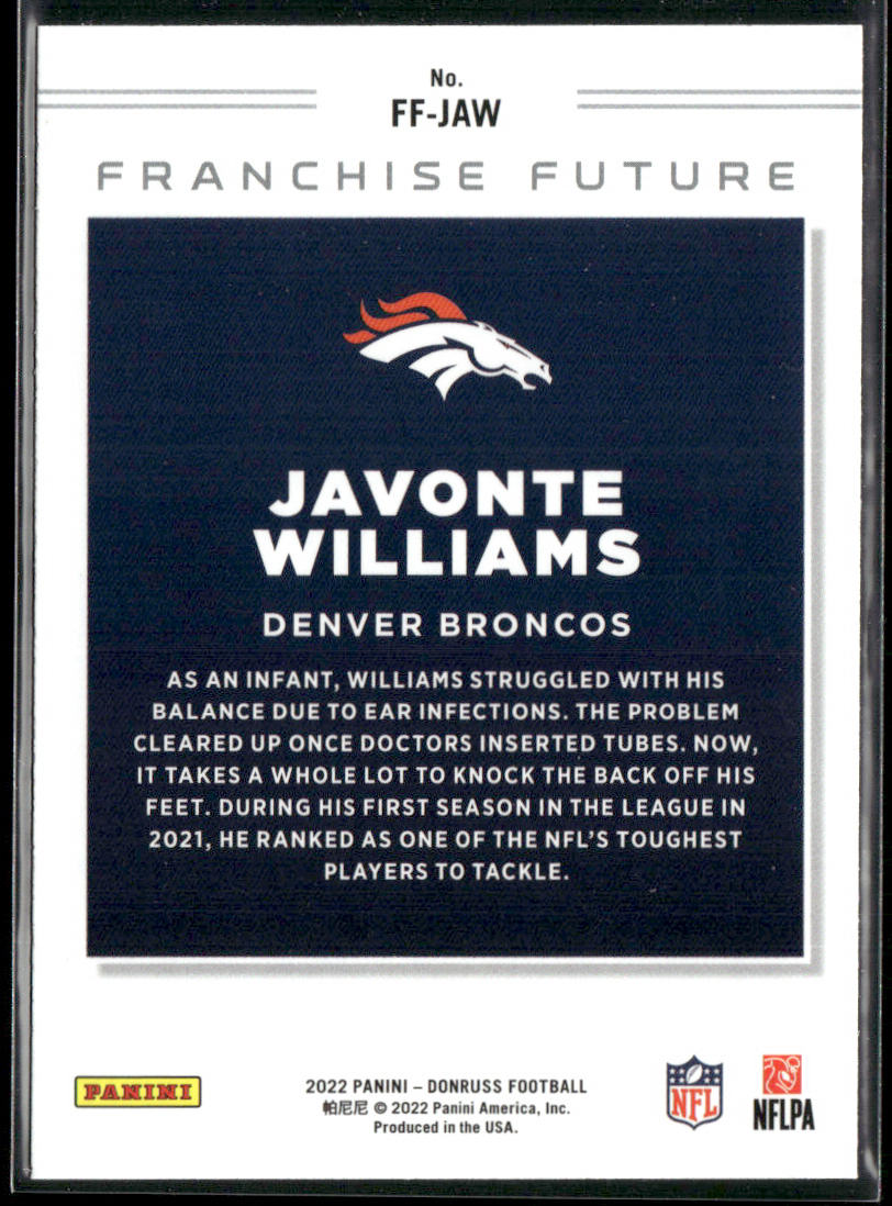 Javonte Williams 2022 Donruss Franchise Future #FF-JAW Denver Broncos