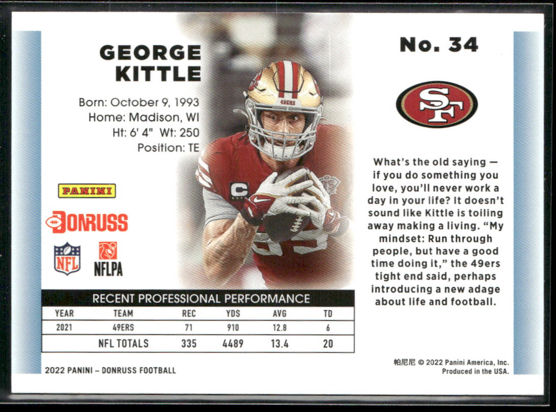 George Kittle 2022 Donruss Retro 1992 #34 San Francisco 49ers