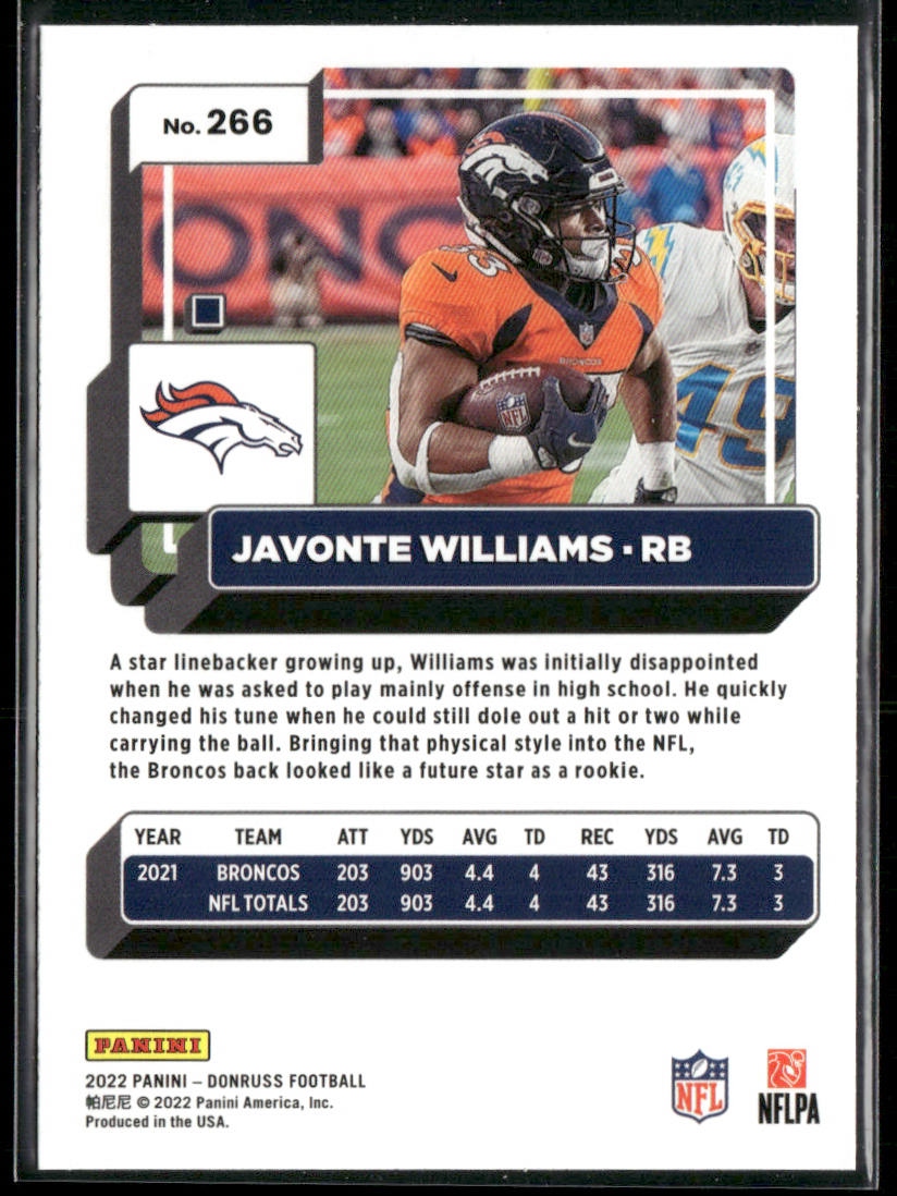 Javonte Williams 2022 Donruss Blue Press Proof #266 Denver Broncos
