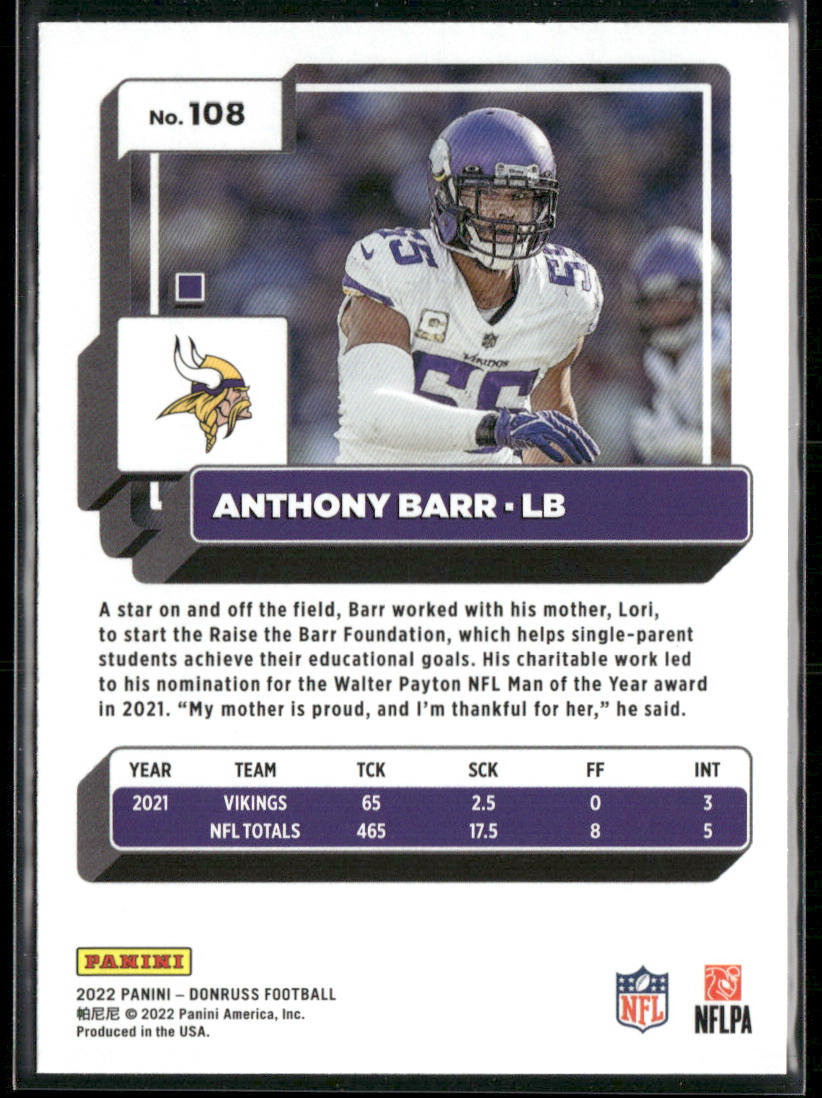 Anthony Barr 2022 Donruss Blue Press Proof #108 Minnesota Vikings