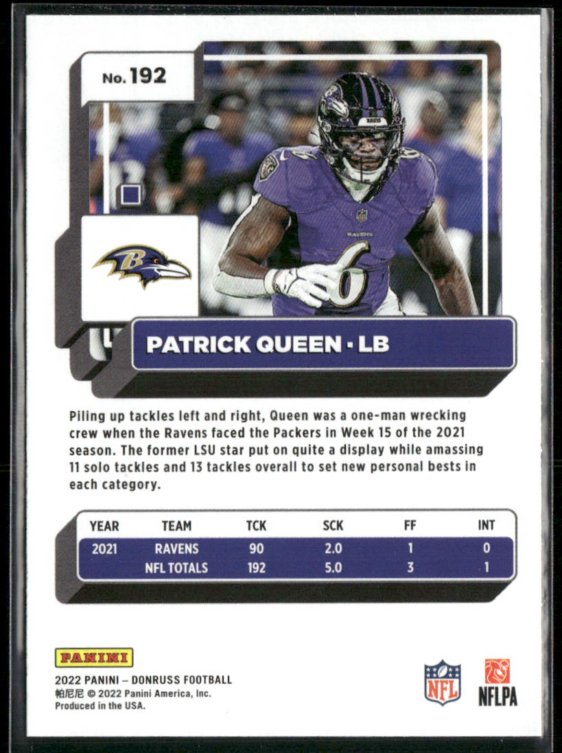 Patrick Queen 2022 Donruss Blue Press Proof #192 Baltimore Ravens