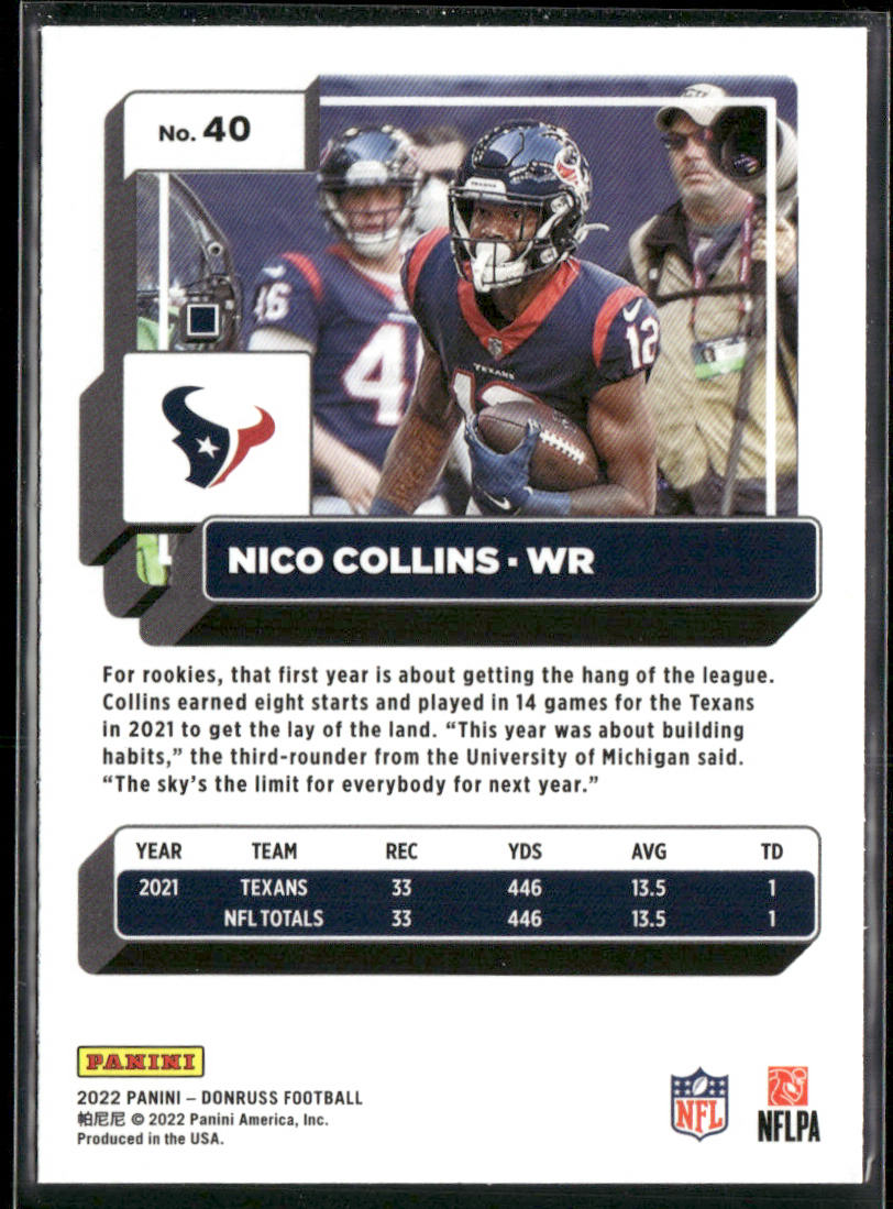 Nico Collins 2022 Donruss Blue Press Proof #40 Houston Texans