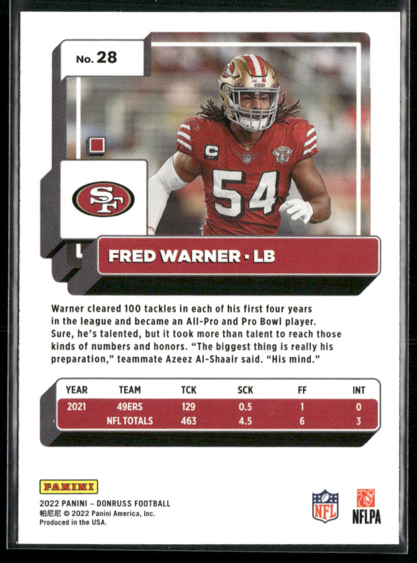 Fred Warner 2022 Donruss Blue Press Proof #28 San Francisco 49ers
