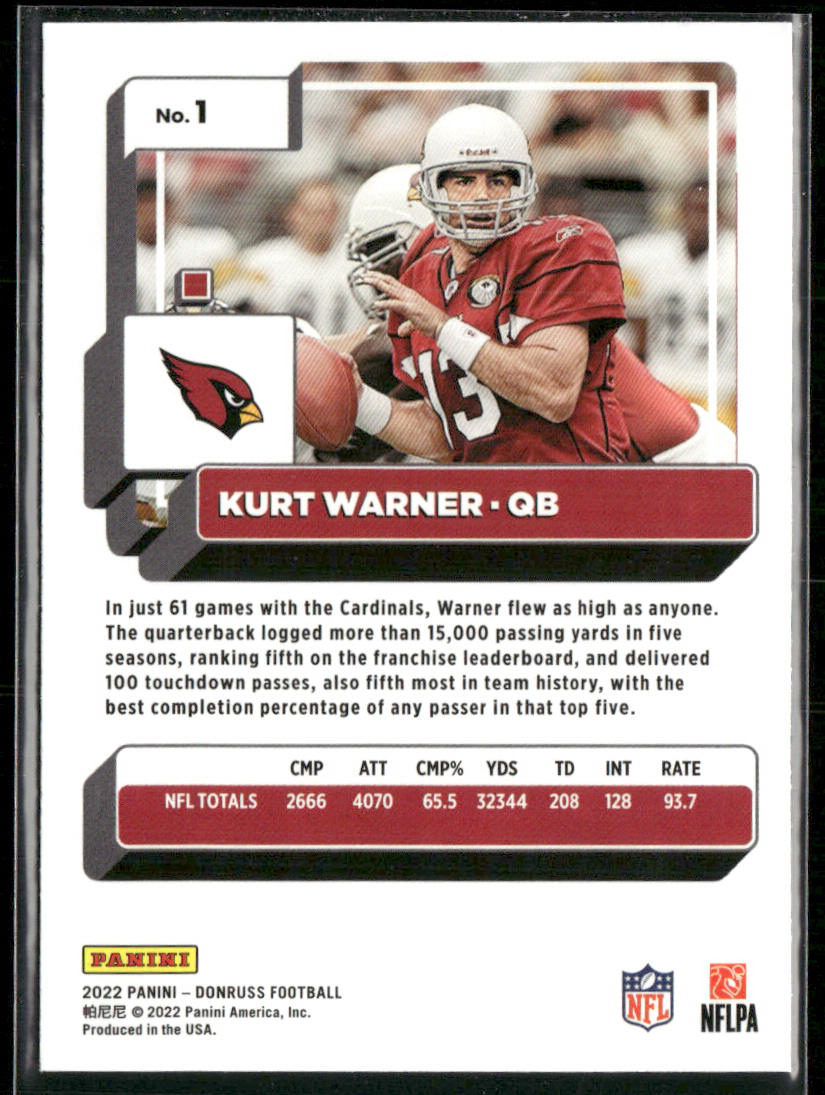 Kurt Warner 2022 Donruss Blue Press Proof #1 Arizona Cardinals