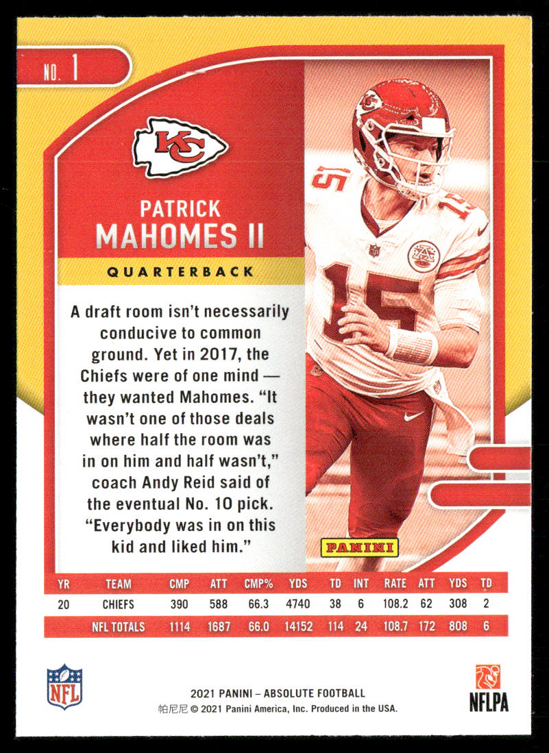 Patrick Mahomes II 2021 Panini Absolute Retail #1 Kansas City Chiefs