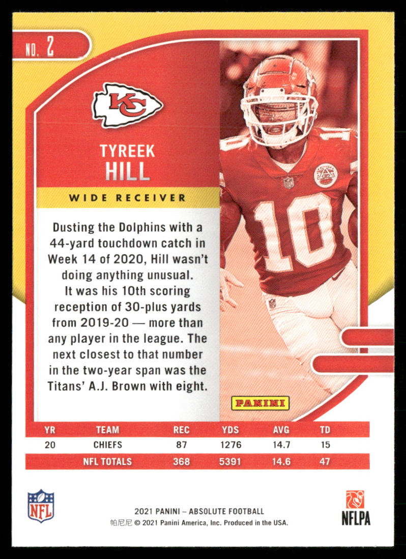 Tyreek Hill 2021 Panini Absolute Retail #2 Kansas City Chiefs