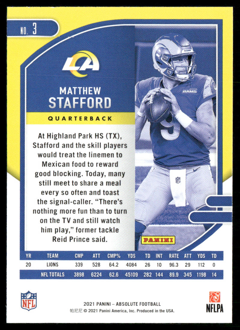 Matthew Stafford 2021 Panini Absolute Retail #3 Los Angeles Rams