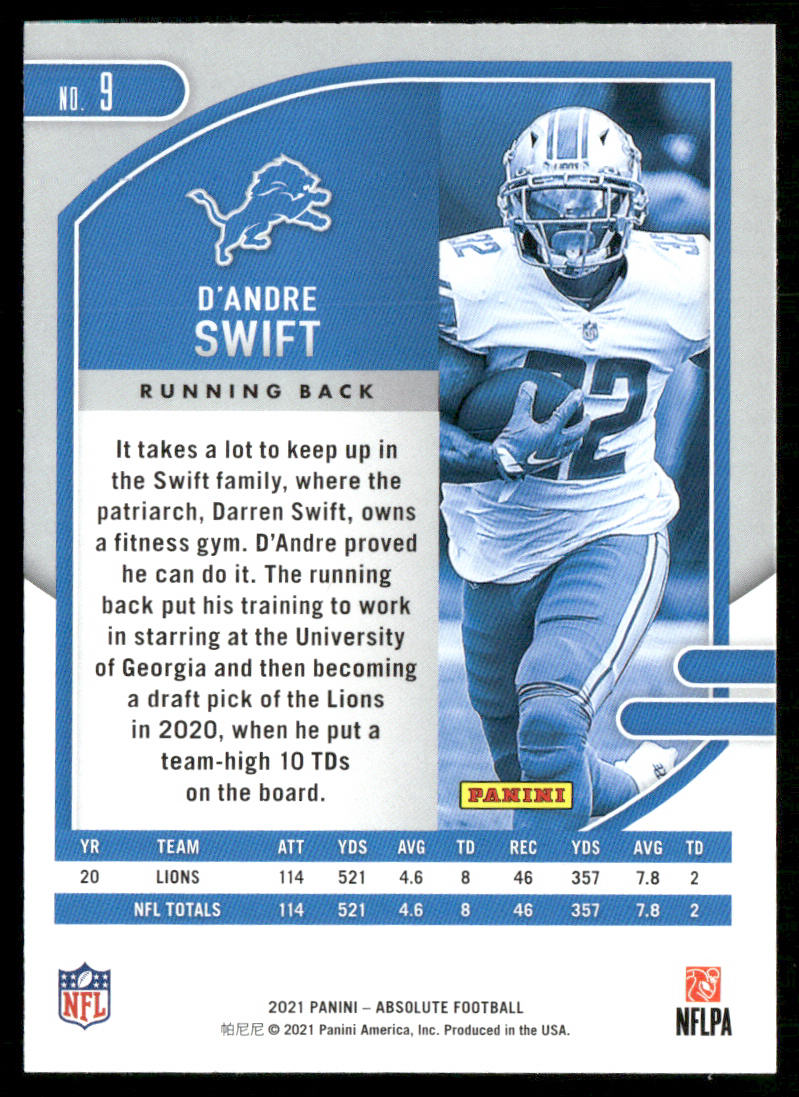 D'Andre Swift 2021 Panini Absolute Retail #9 Detroit Lions