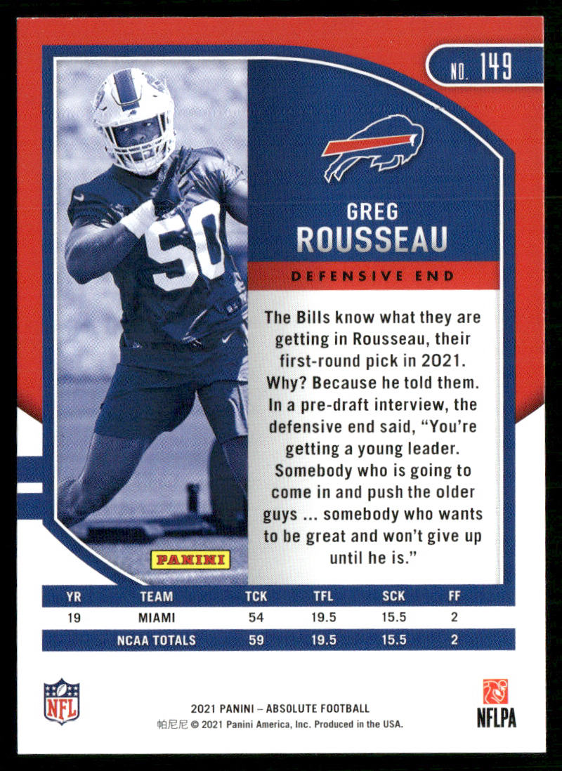 Greg Rousseau 2021 Panini Absolute Retail #149 RC Buffalo Bills