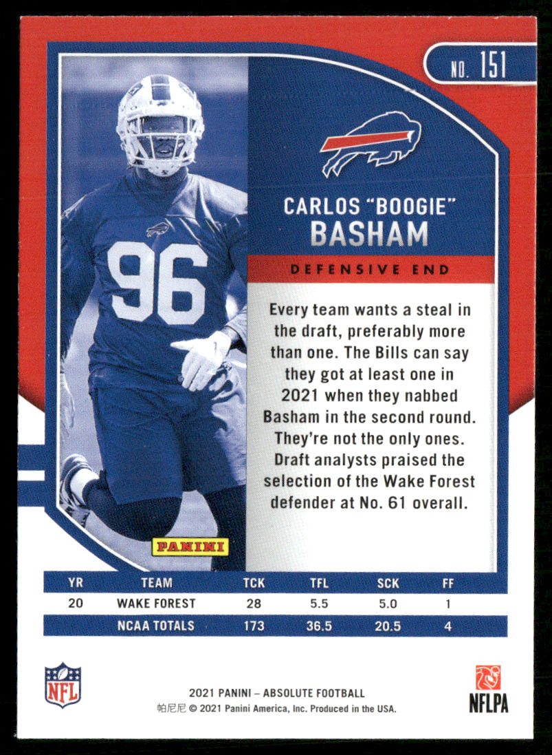 Carlos "Boogie" Basham 2021 Panini Absolute Retail #151 RC Buffalo Bills