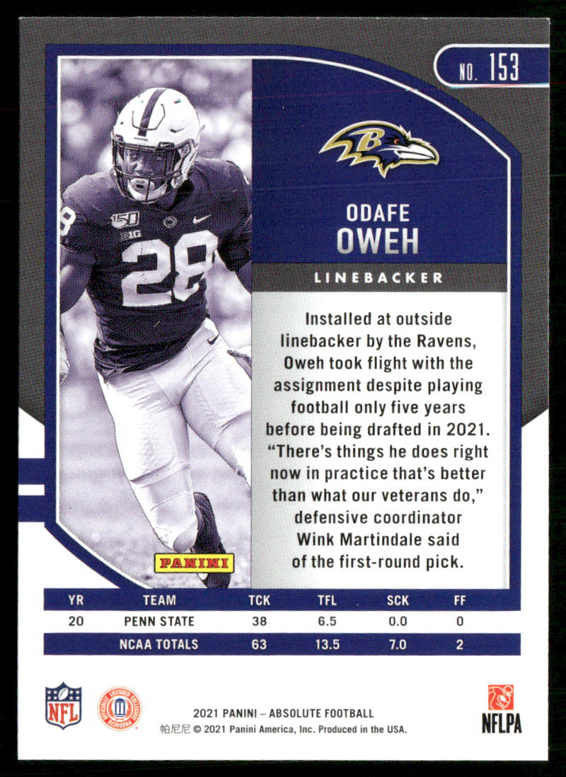 Odafe Oweh 2021 Panini Absolute Retail #153 RC Baltimore Ravens