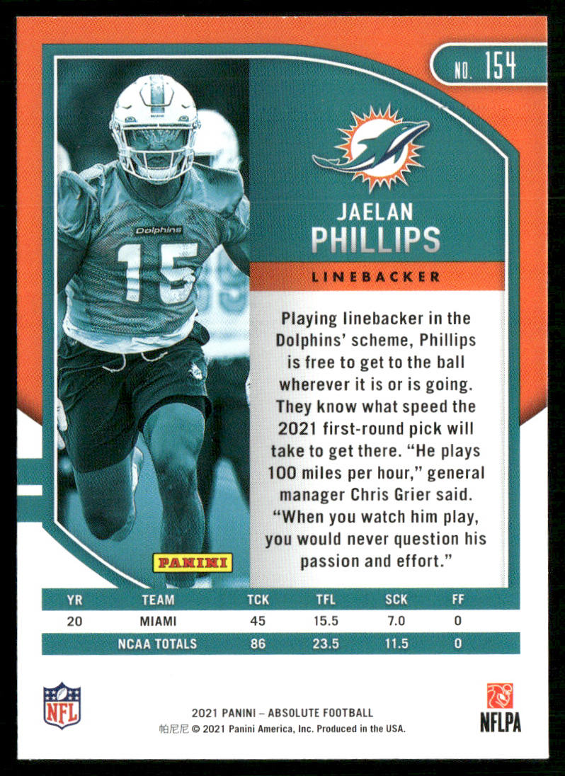 Jaelan Phillips 2021 Panini Absolute Retail #154 RC Miami Dolphins