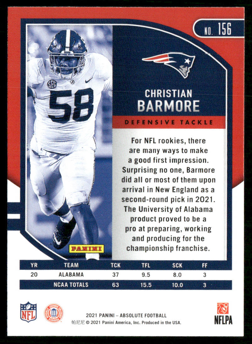 Christian Barmore 2021 Panini Absolute Retail #156 RC New England Patriots