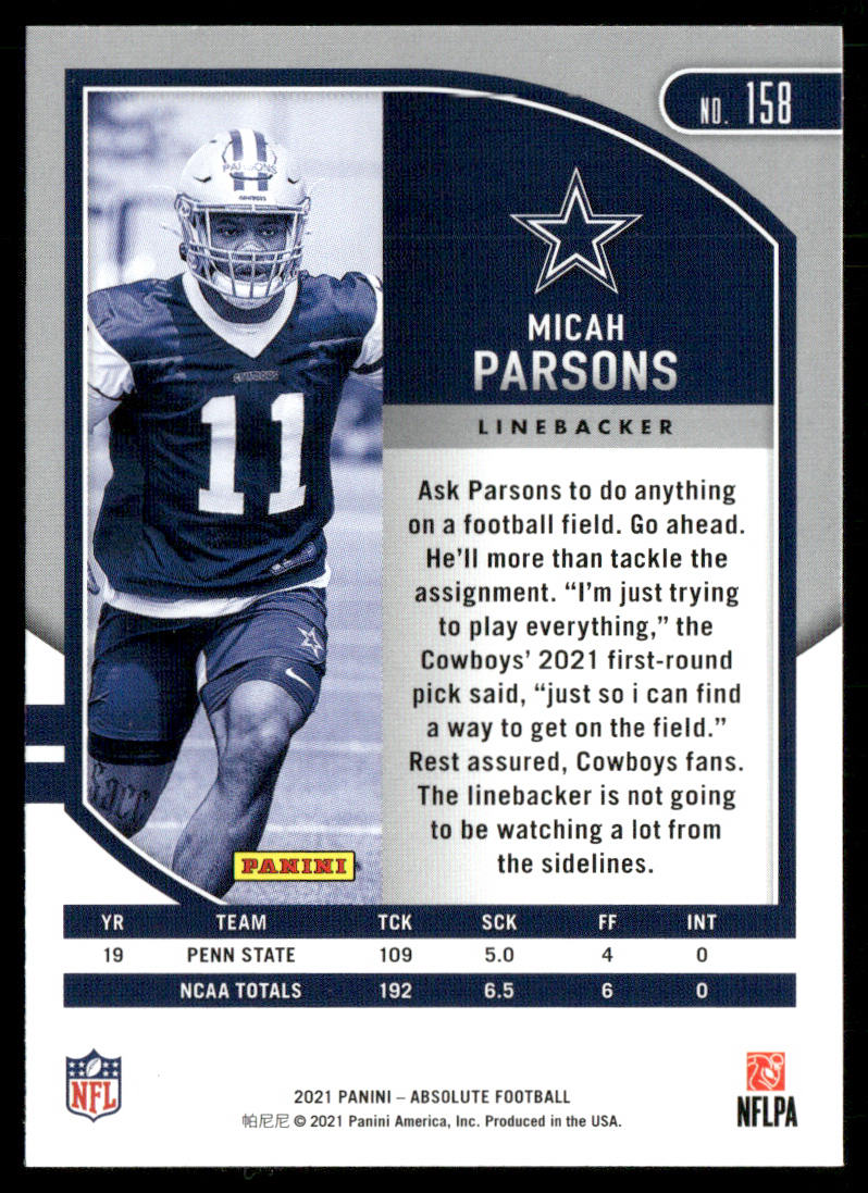 Micah Parsons 2021 Panini Absolute Retail #158 RC Dallas Cowboys