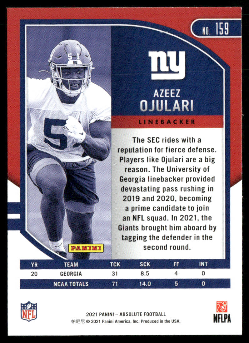 Azeez Ojulari 2021 Panini Absolute Retail #159 RC New York Giants