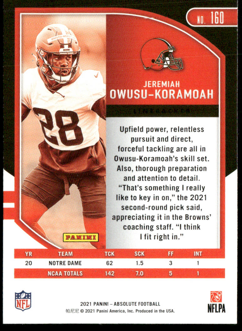 Jeremiah Owusu-Koramoah 2021 Panini Absolute Retail #160 RC Cleveland Browns