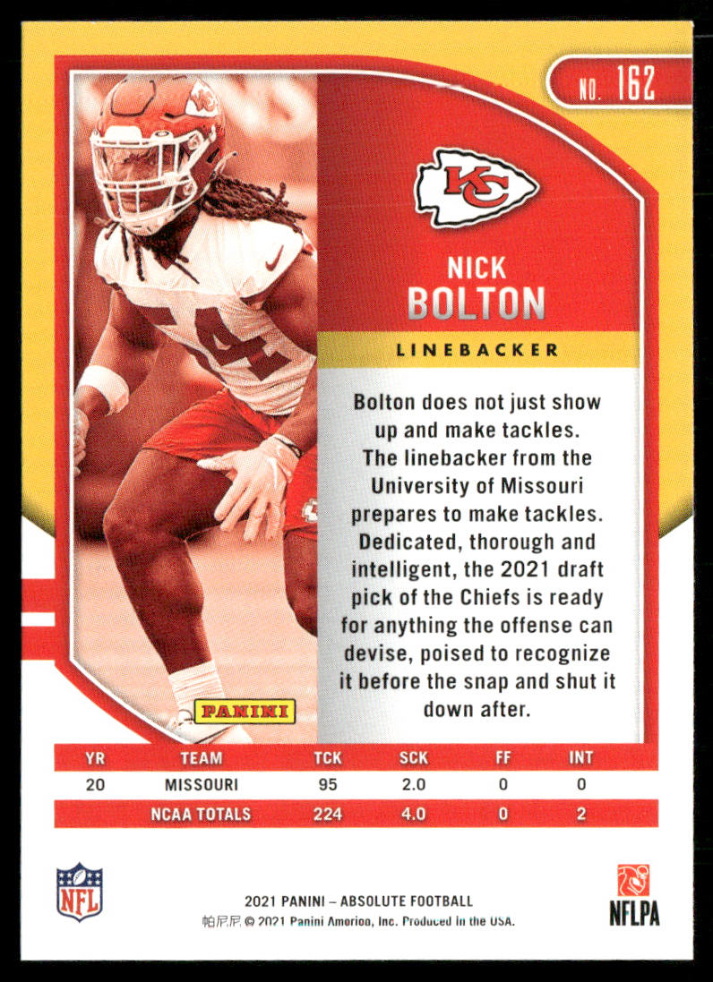 Nick Bolton 2021 Panini Absolute Retail #162 RC Kansas City Chiefs