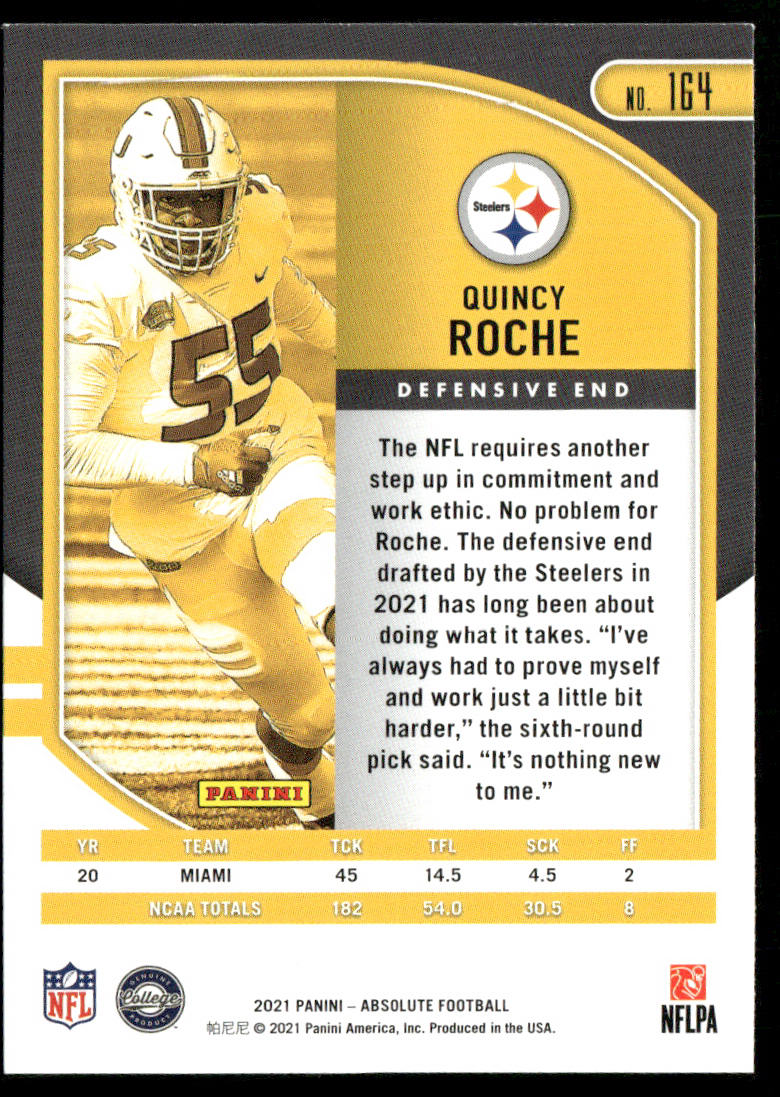 Quincy Roche 2021 Panini Absolute Retail #164 RC Pittsburgh Steelers