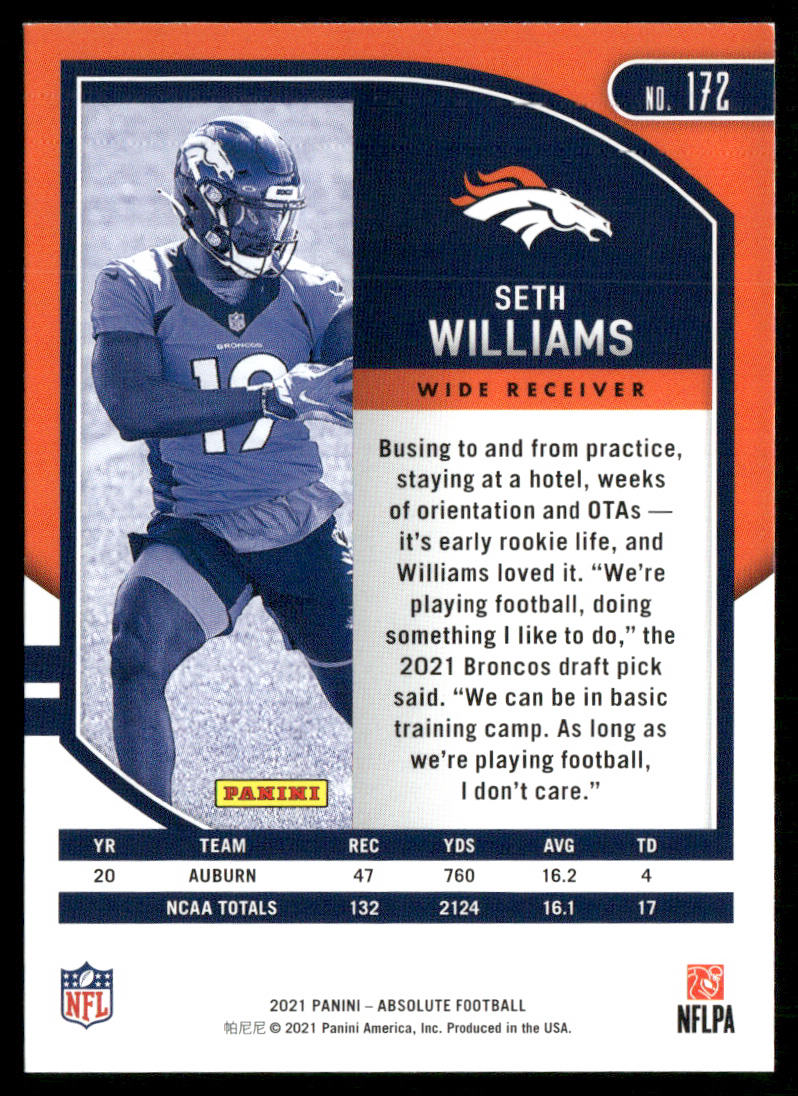 Seth Williams 2021 Panini Absolute Retail #172 RC Denver Broncos