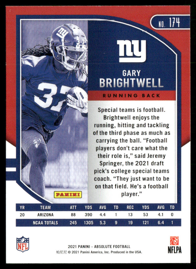 Gary Brightwell 2021 Panini Absolute Retail #174 RC New York Giants