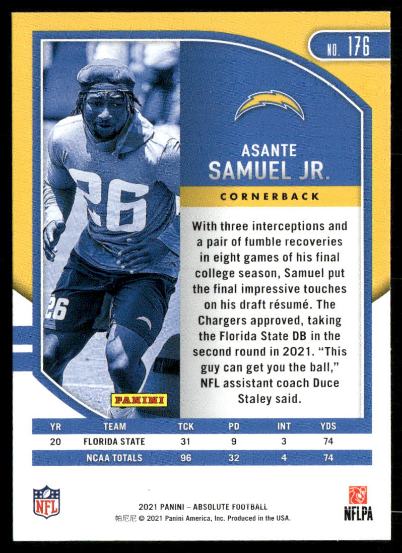 Asante Samuel Jr. 2021 Panini Absolute Retail #176 RC Los Angeles Chargers