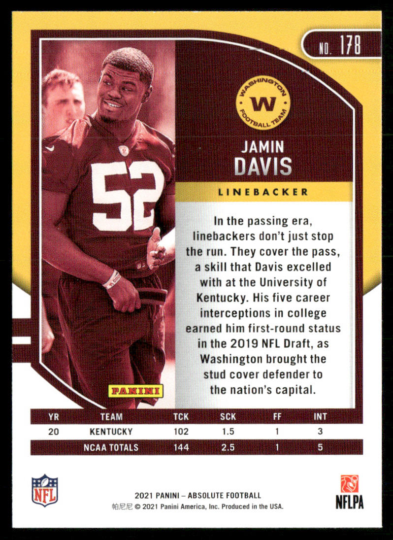 Jamin Davis 2021 Panini Absolute Retail #178 RC Washington Football Team