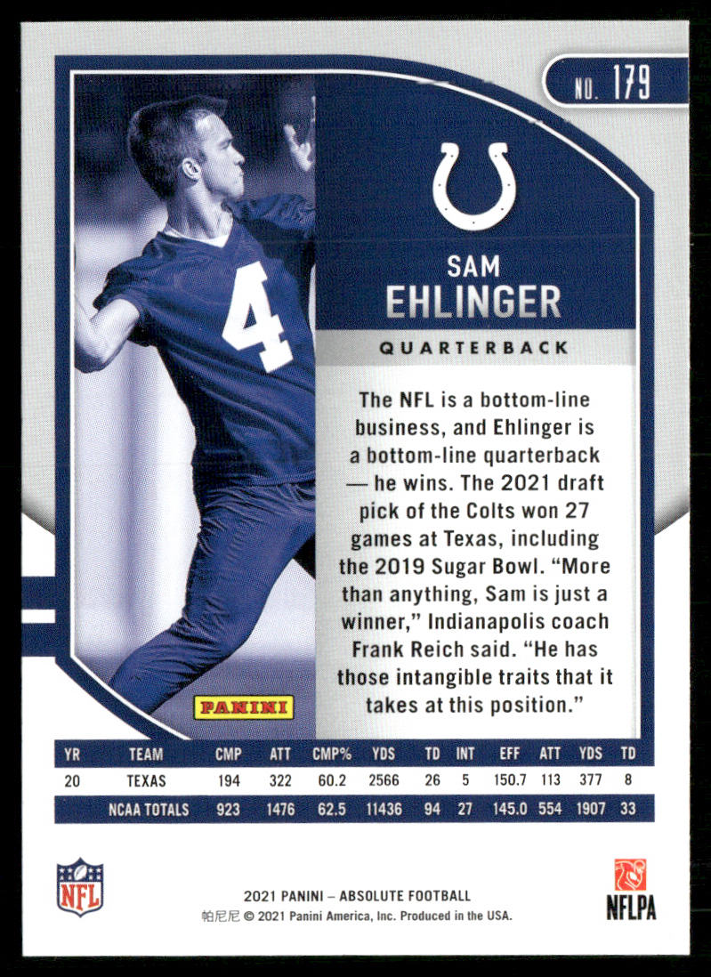 Sam Ehlinger 2021 Panini Absolute Retail #179 RC Indianapolis Colts