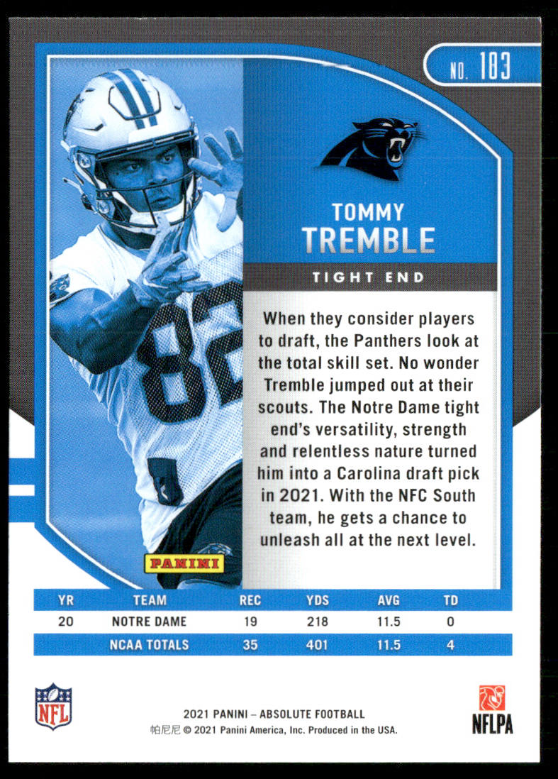Tommy Tremble 2021 Panini Absolute Retail #183 RC Carolina Panthers