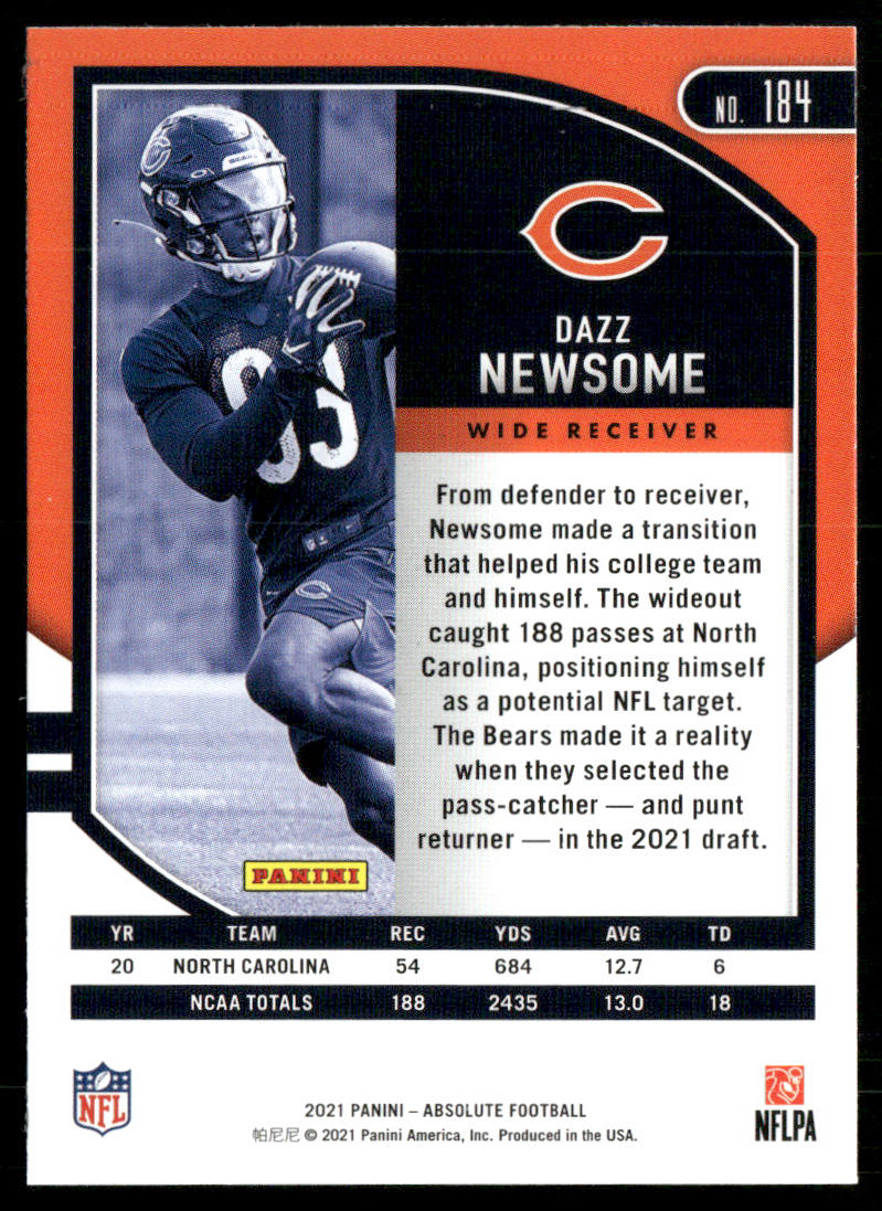 Dazz Newsome 2021 Panini Absolute Retail #184 RC Chicago Bears