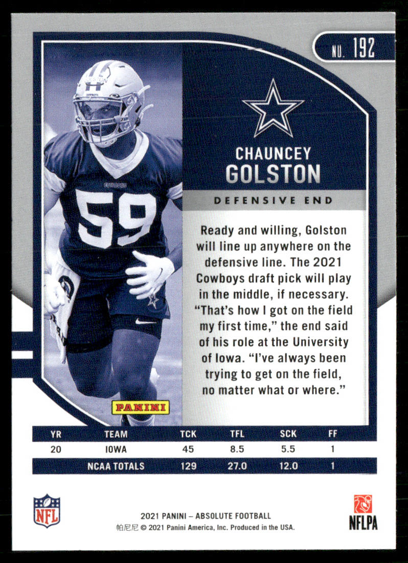 Chauncey Golston 2021 Panini Absolute Retail #192 RC Dallas Cowboys