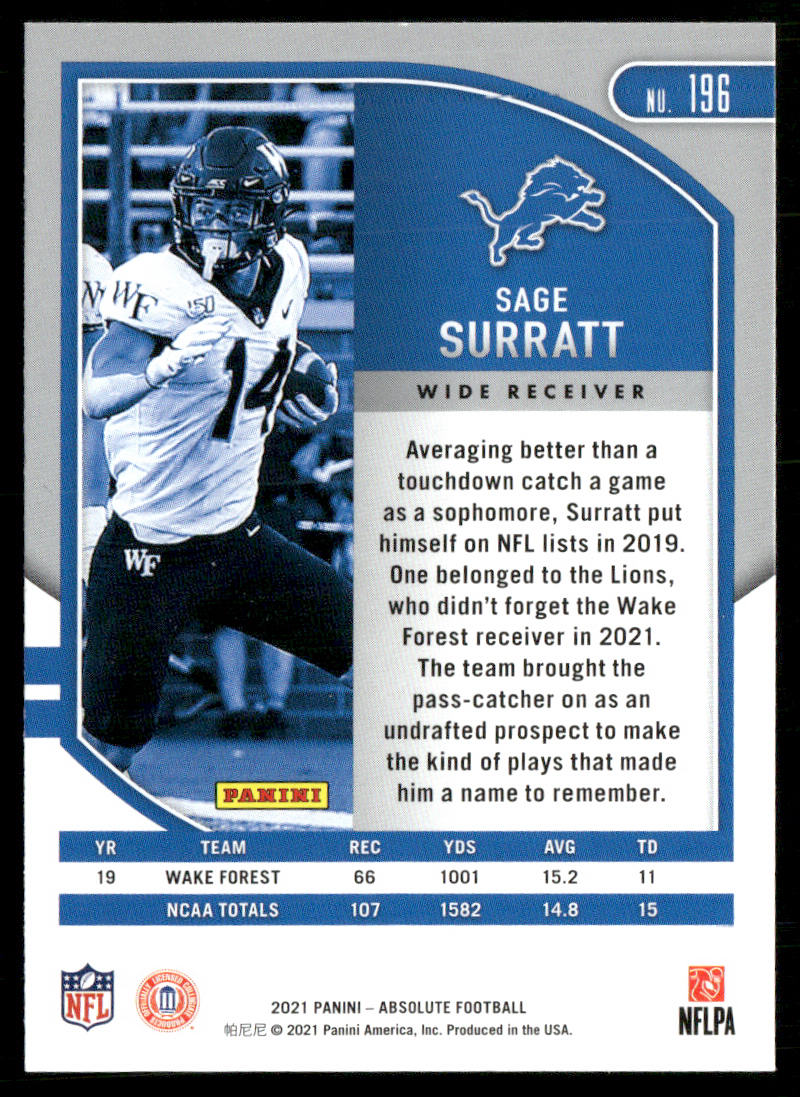 Sage Surratt 2021 Panini Absolute Retail #196 RC Detroit Lions