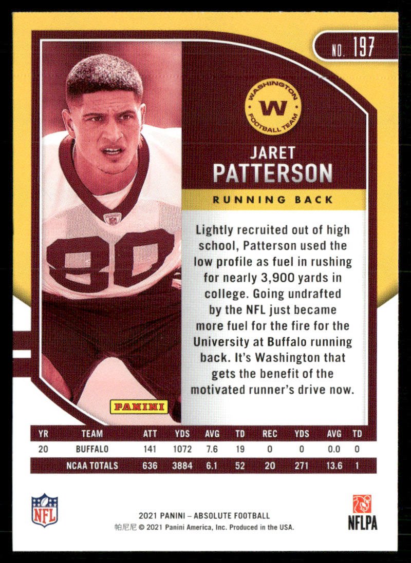 Jaret Patterson 2021 Panini Absolute Retail #197 RC Washington Football Team