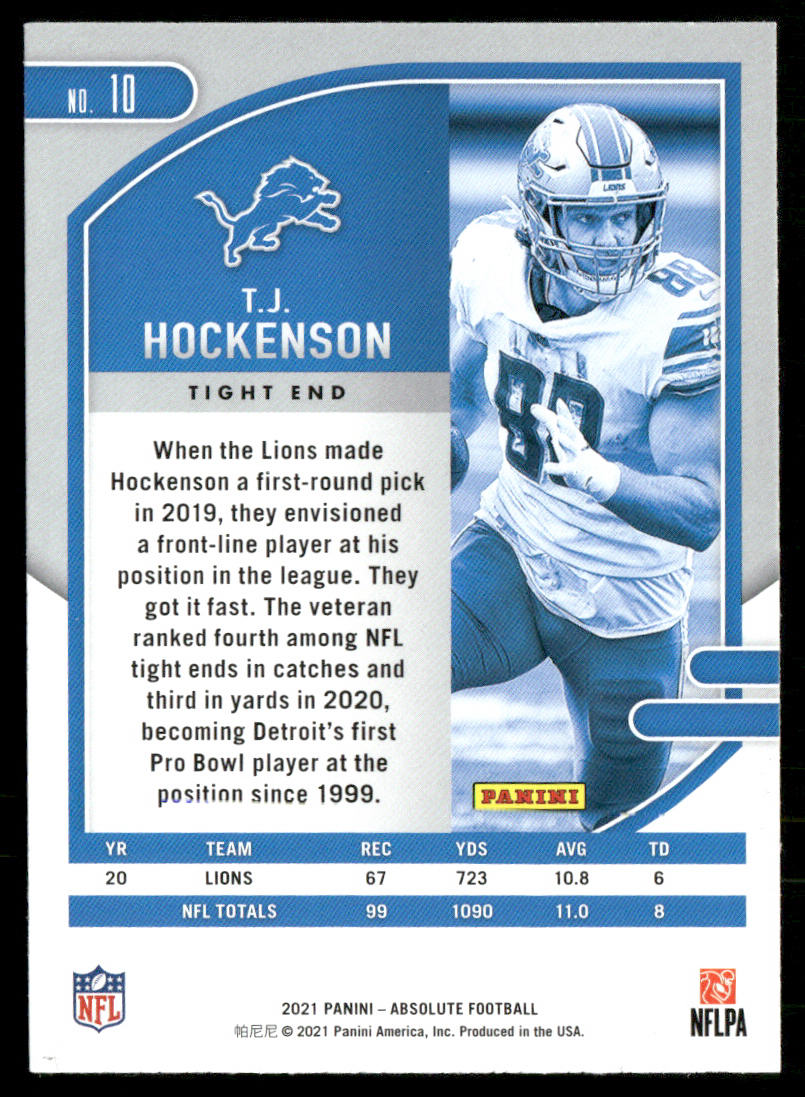 T.J. Hockenson 2021 Panini Absolute Retail #10 Detroit Lions