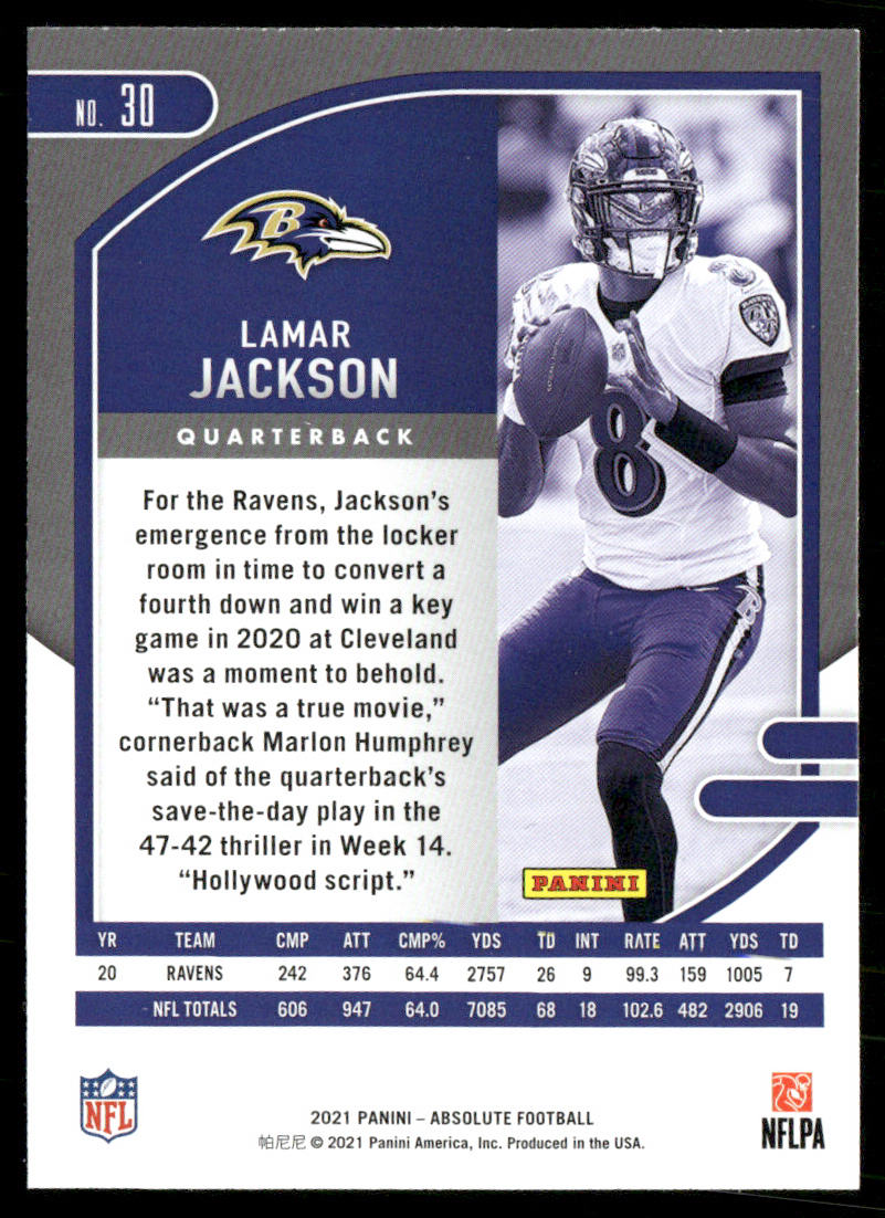 Lamar Jackson 2021 Panini Absolute Retail #30 Baltimore Ravens