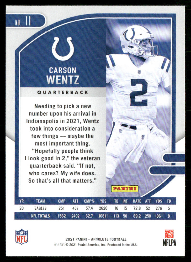 Carson Wentz 2021 Panini Absolute Retail #11 Indianapolis Colts