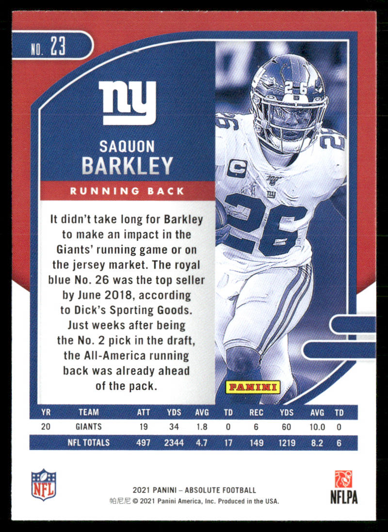 Saquon Barkley 2021 Panini Absolute Retail #23 New York Giants
