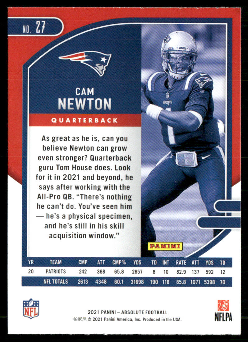 Cam Newton 2021 Panini Absolute Retail #27 New England Patriots
