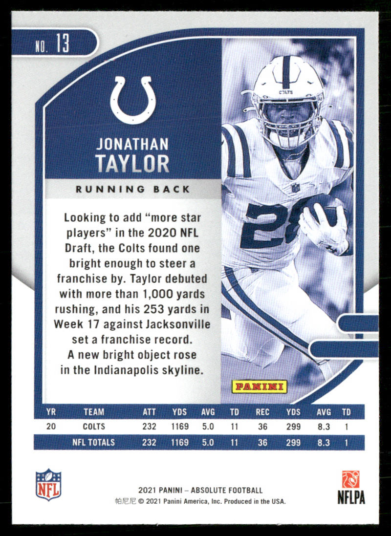 Jonathan Taylor 2021 Panini Absolute Retail #13 Indianapolis Colts