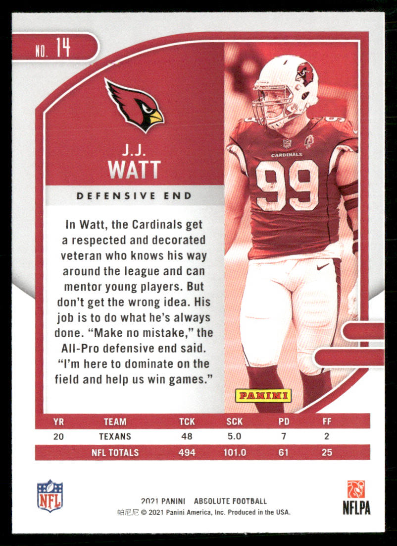 J.J. Watt 2021 Panini Absolute Retail #14 Arizona Cardinals